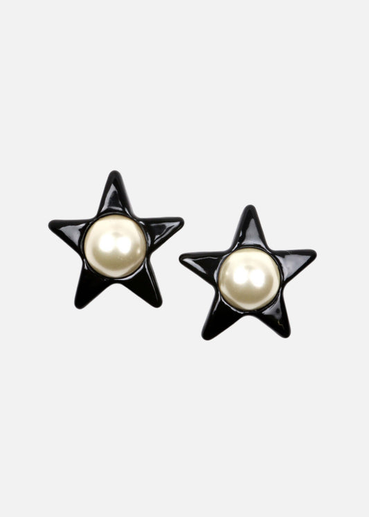 Vintage-inspired star earrings named Jupiter. Handcrafted with resin, enamel, and vintage pearl. Purchase helps plant trees.