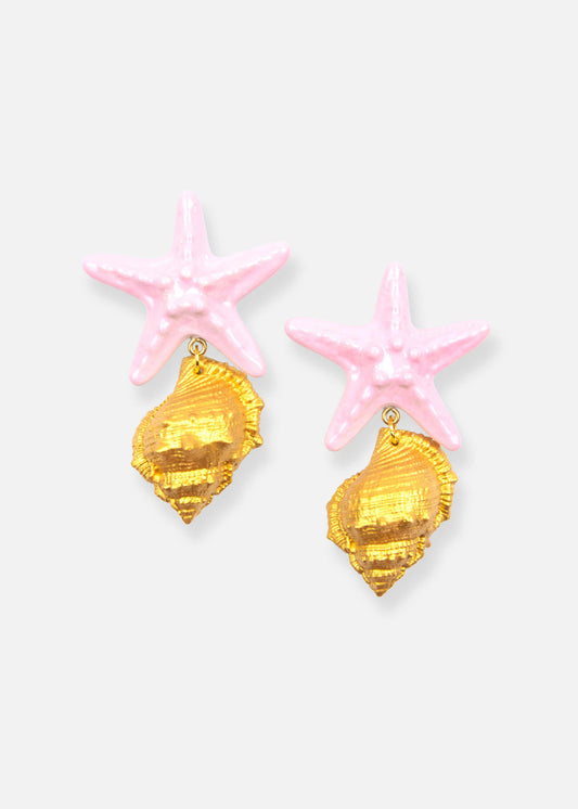 Artisanal earrings featuring hand-cast enamel starfish and gold-painted shells. Lightweight and unique. Purchase supports tree planting.