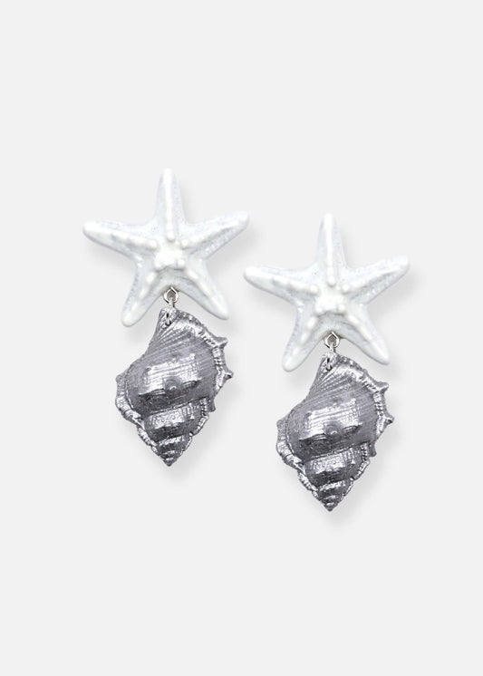Artisanal earrings featuring hand-cast enamel starfish and silver-painted shells. Lightweight and unique. Purchase supports tree planting.