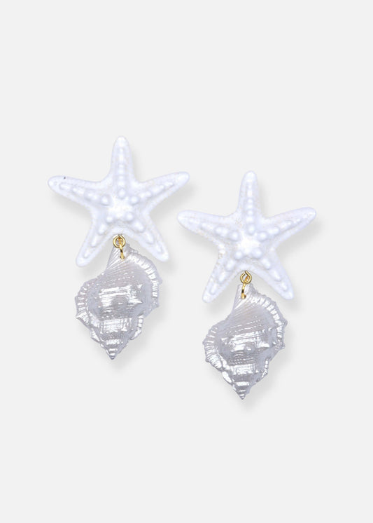 Artisanal earrings featuring hand-cast enamel starfish and painted seashells. Lightweight and unique. Purchase supports tree planting.