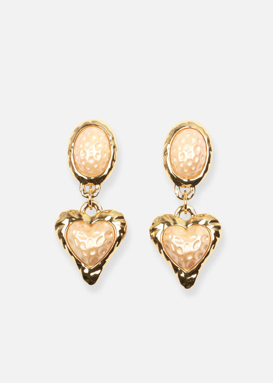 Vintage-inspired pearl heart drop earrings. Lightweight, gold-plated brass. Support sustainability!